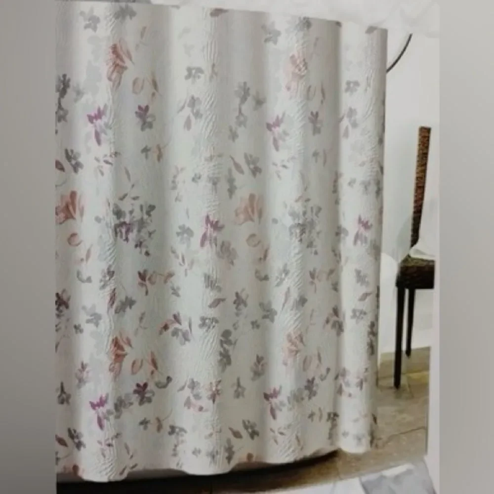 DKNY “Jasper” White Textured Fabric Shower Curtain w/Multicolor Floral Designs